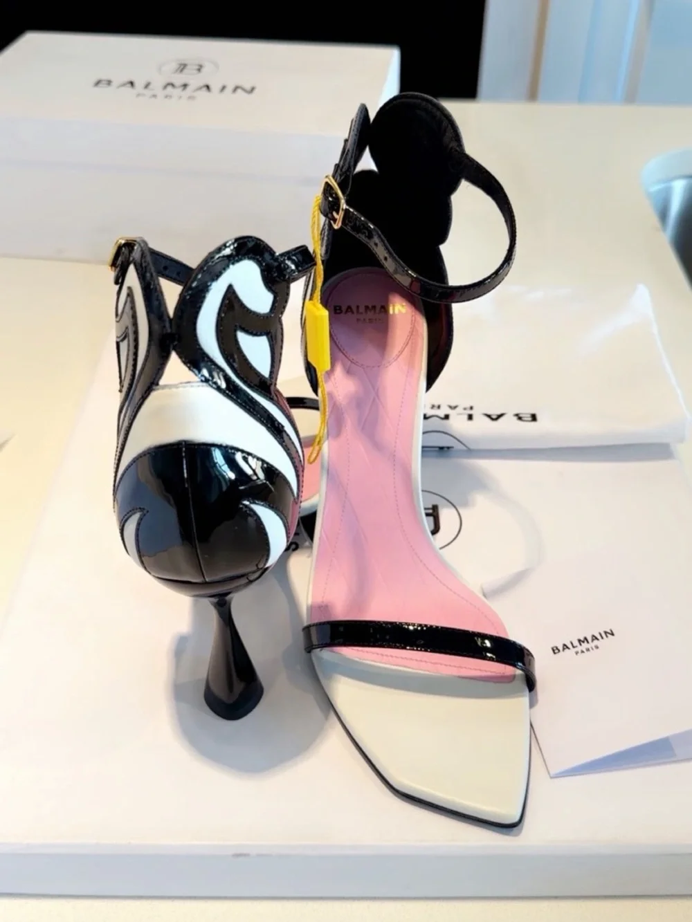Black & White Sculpted Heel Sandals with Pink Insole - Picture 5 of 7